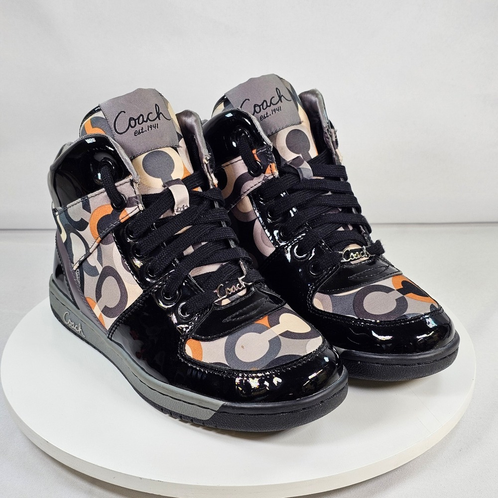 Coach Natalee High Top Sneakers Black Grey Orange Signature Op Art Womens 6.5 M